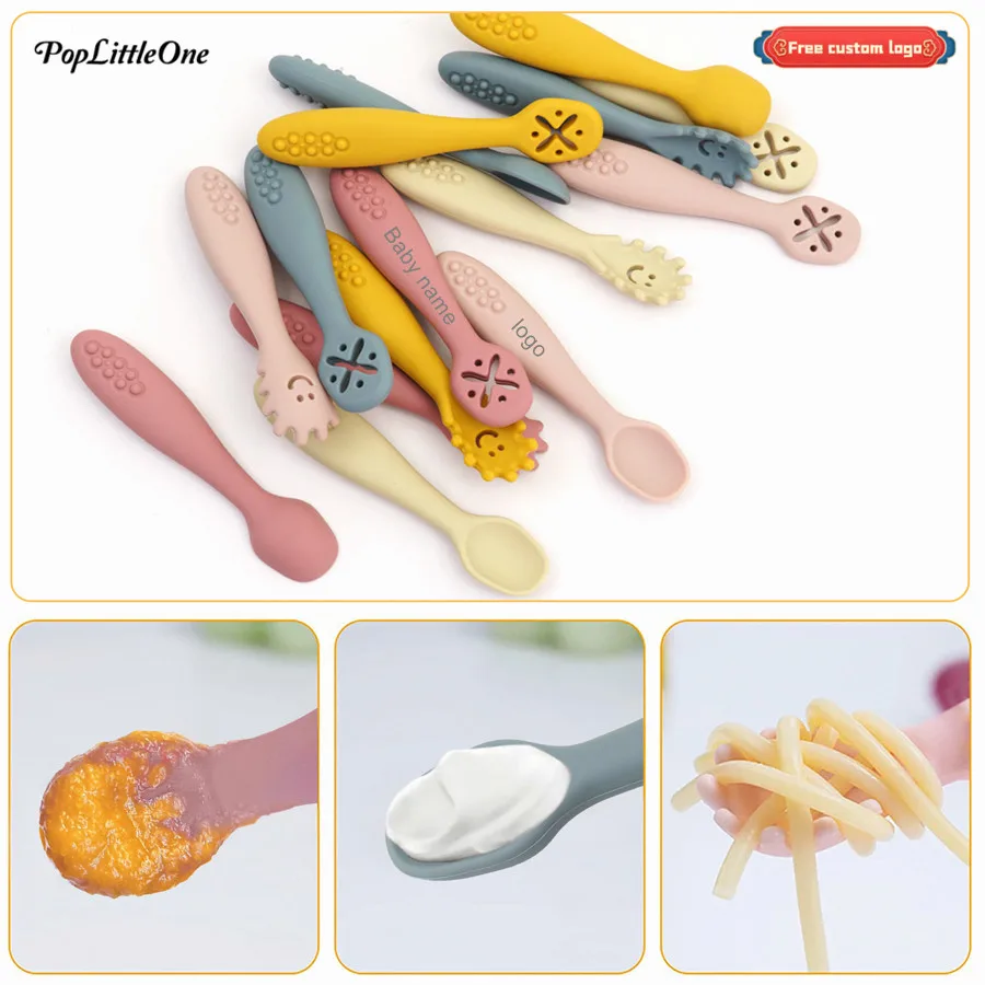 Free Personalized Name Or Logo Baby Feeding Spoons Set Toddler Training Weaning Sticky Spoon Tableware Baby Shower Gifts