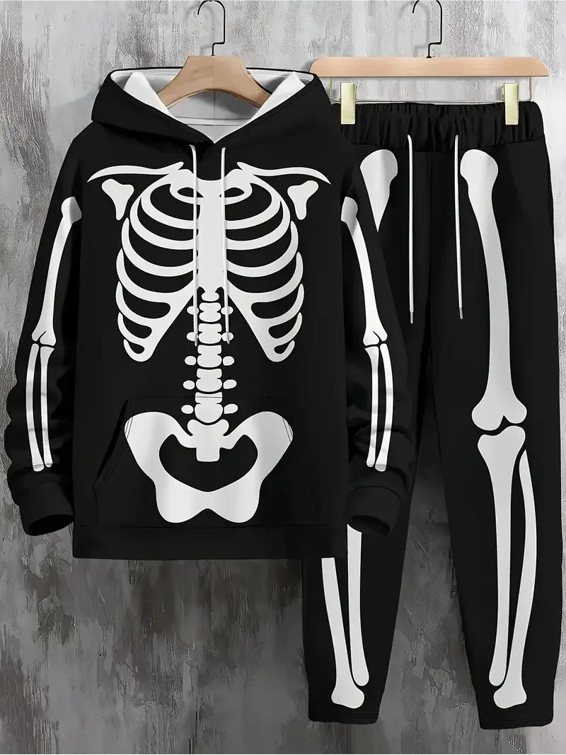 

Новый мужской костюм с капюшоном и брюками с 3D принтом черепа и скелета, спортивный костюм из 2 предметов, осенне-зимняя мужская одежда, наряд
