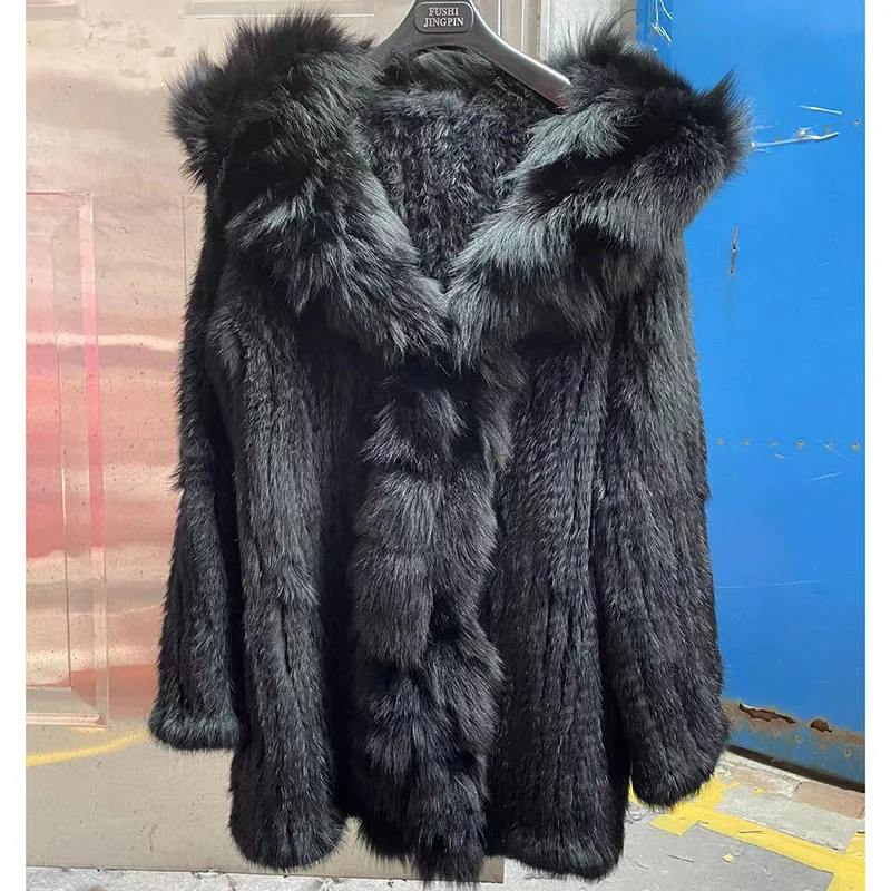 2023 New Women Knitted Real Rabbit Fur Coat With Real Fox Fur Collar Female Long Sleeve Autumn Luxury Genuine Rabbit Fur Jacket