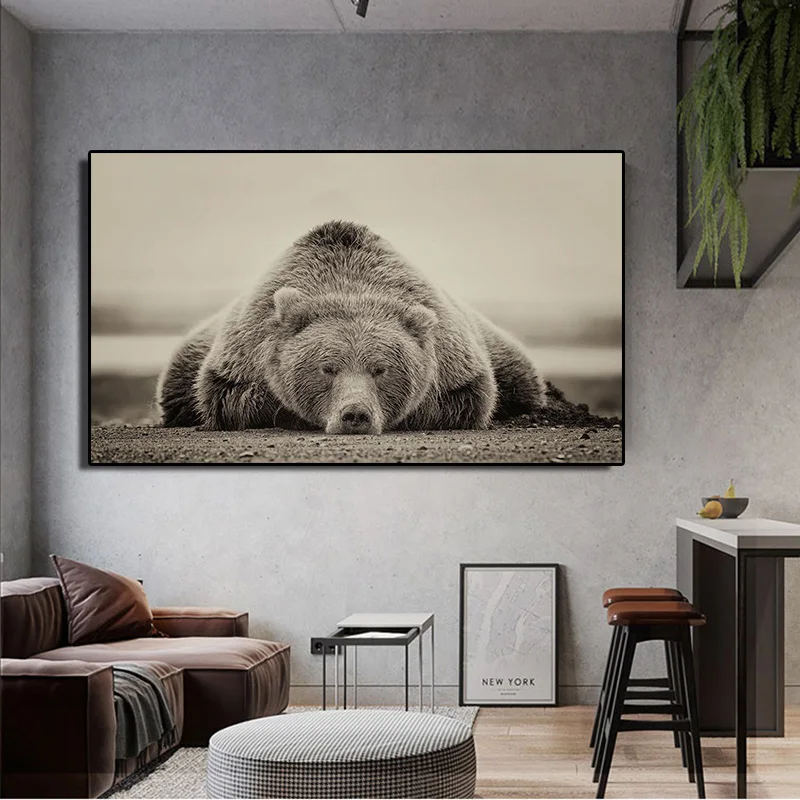 Modern Animal Wall Poster Bear Lying On The Ground Art Picture Canvas Painting Decorative Print For Living Room Home Decor