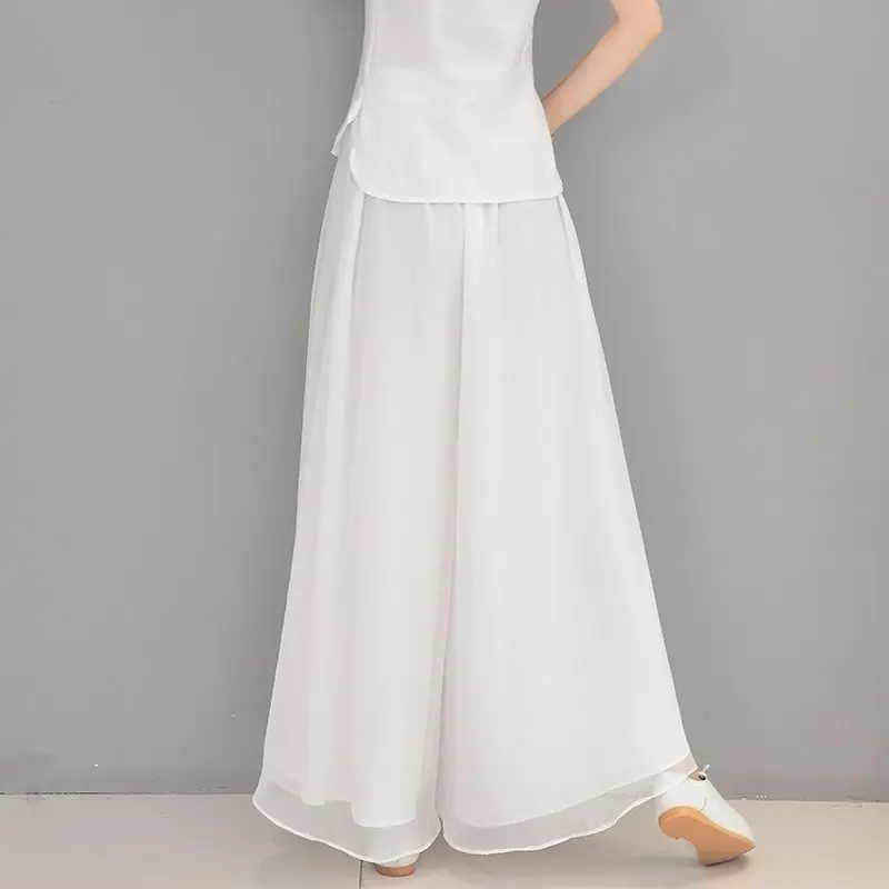 

Long wide leg pants women's national style women's loose and thin pure color Chiffon versatile pants Hanfu Dance pants