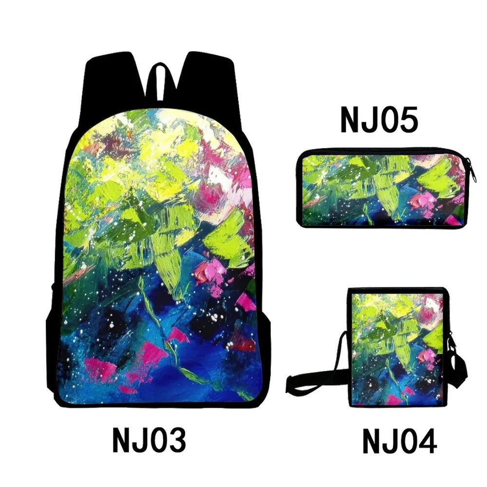 3pcs/set 3D Printed Tie-dye Oil Painting Backpack Primary and Middle School Students Boys Girls Schoolbag Crossbody Bag Pen Case