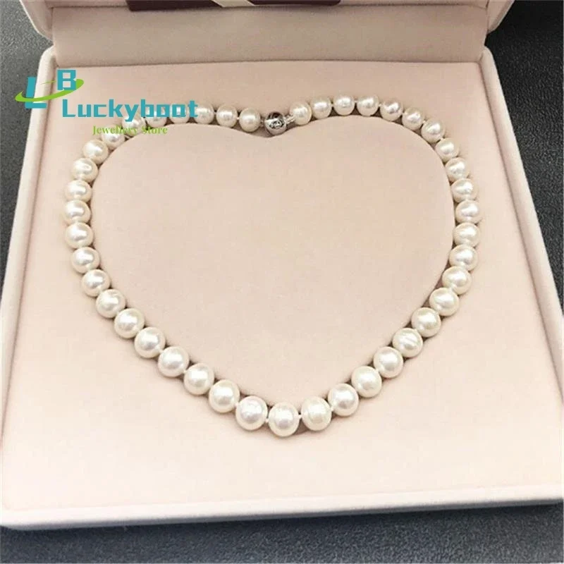 Fashion Natural White Freshwater Pearl Beads Necklace Bright Near round Pearl Choker Necklace Mother's Gift +Gift Box Wholesale