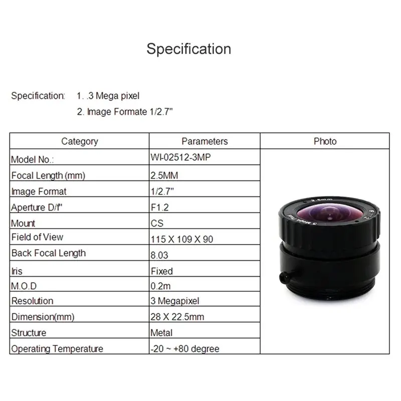 FFYY-HD 3MP 2.5Mm CS Mount CCTV Lens 1/2.7