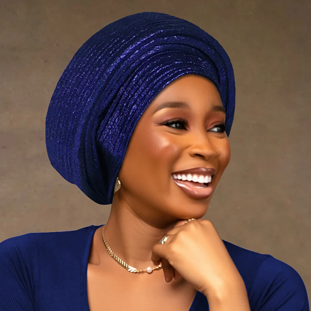 Glitter Donna Africana Auto Gele Copricapo Turbante Cap Nigeria Festa di Nozze Copricapo Musulmano Hijab Avvolgere la Testa Cappello A Pieghe Copricapo
