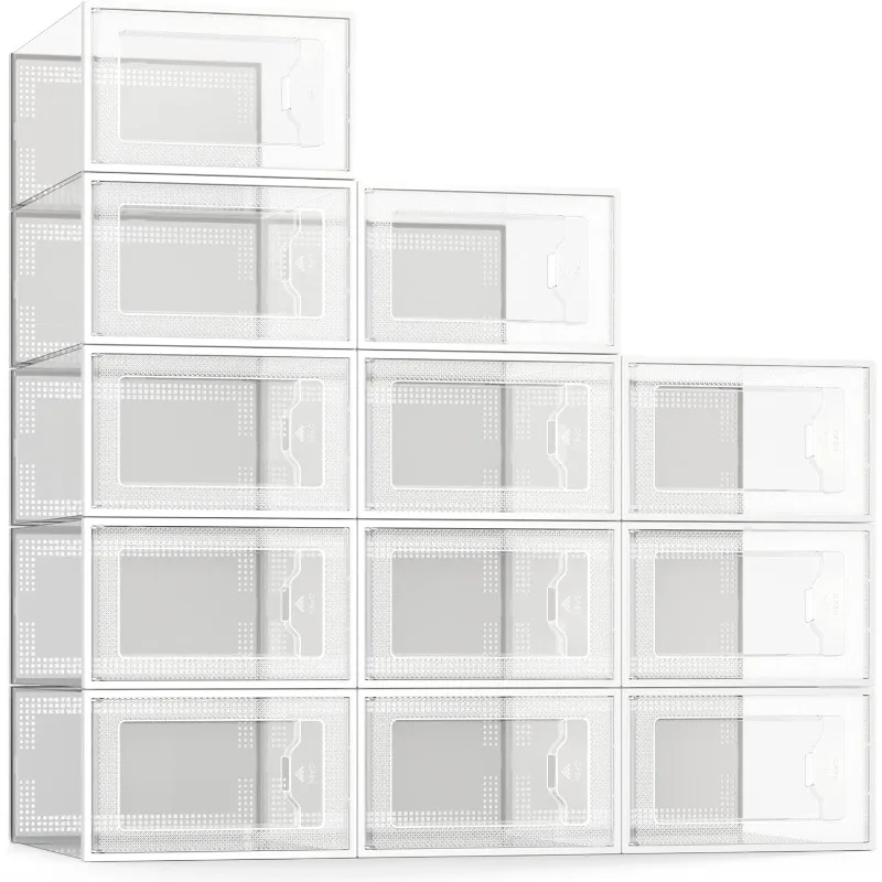 X-Large Shoe Storage Box Fit Size 11, Clear Plastic Stackable Shoe Organizer for Closet, Space Saving Foldable Shoe