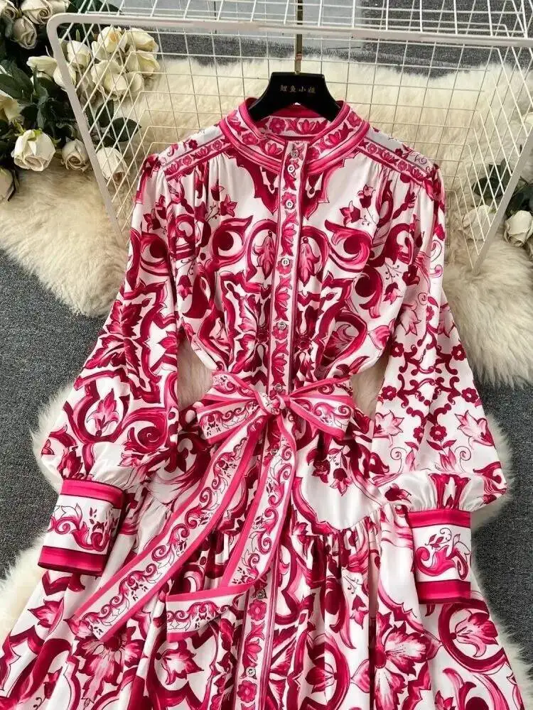 JAMERARY 런웨이 레드 블루 화이트 도자기 프린트, 홀리데이 맥시 원피스, 여성용 스탠드 싱글 브레스트, 느슨한 레이스업 벨트, 긴 베스티도