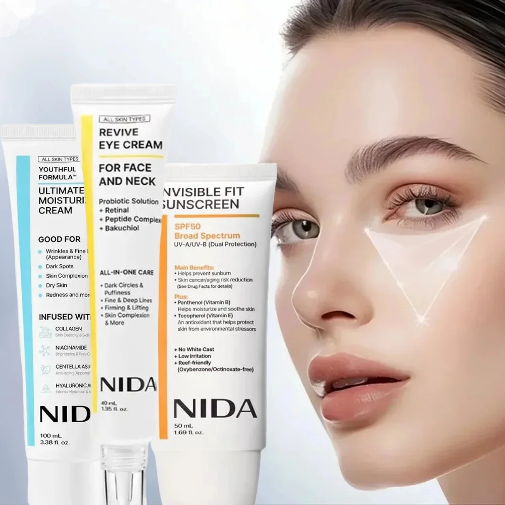 Crema Hidratante Definitiva con Colágeno NIDA, Protector Solar SPF 50, Crema Contorno de Ojos con Retinol, Reducción de Arrugas, Antioxidante, Nutritiva y Calmante
