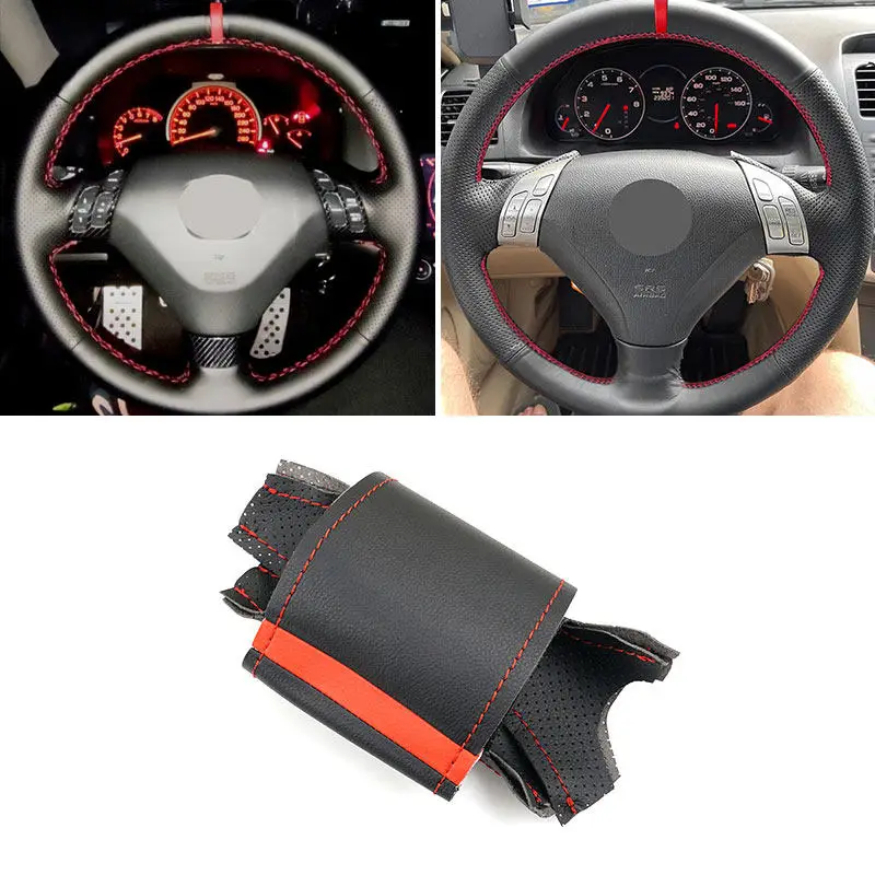 Funda para Volante de Coche para Honda Accord Coupe 7 Accord Euro Acura TSX 2003 2004-2008, 3 Radios, Cuero Perforado, Franja Roja