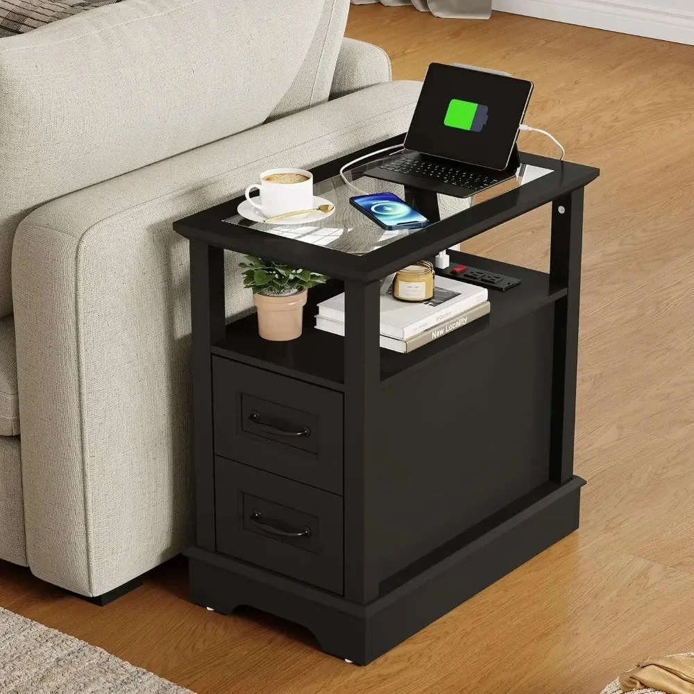 

End Table with Charging Station, Wooden Bedside Table for Living Room, Narrow Couch Side Table with Storage Drawers, Nightstand