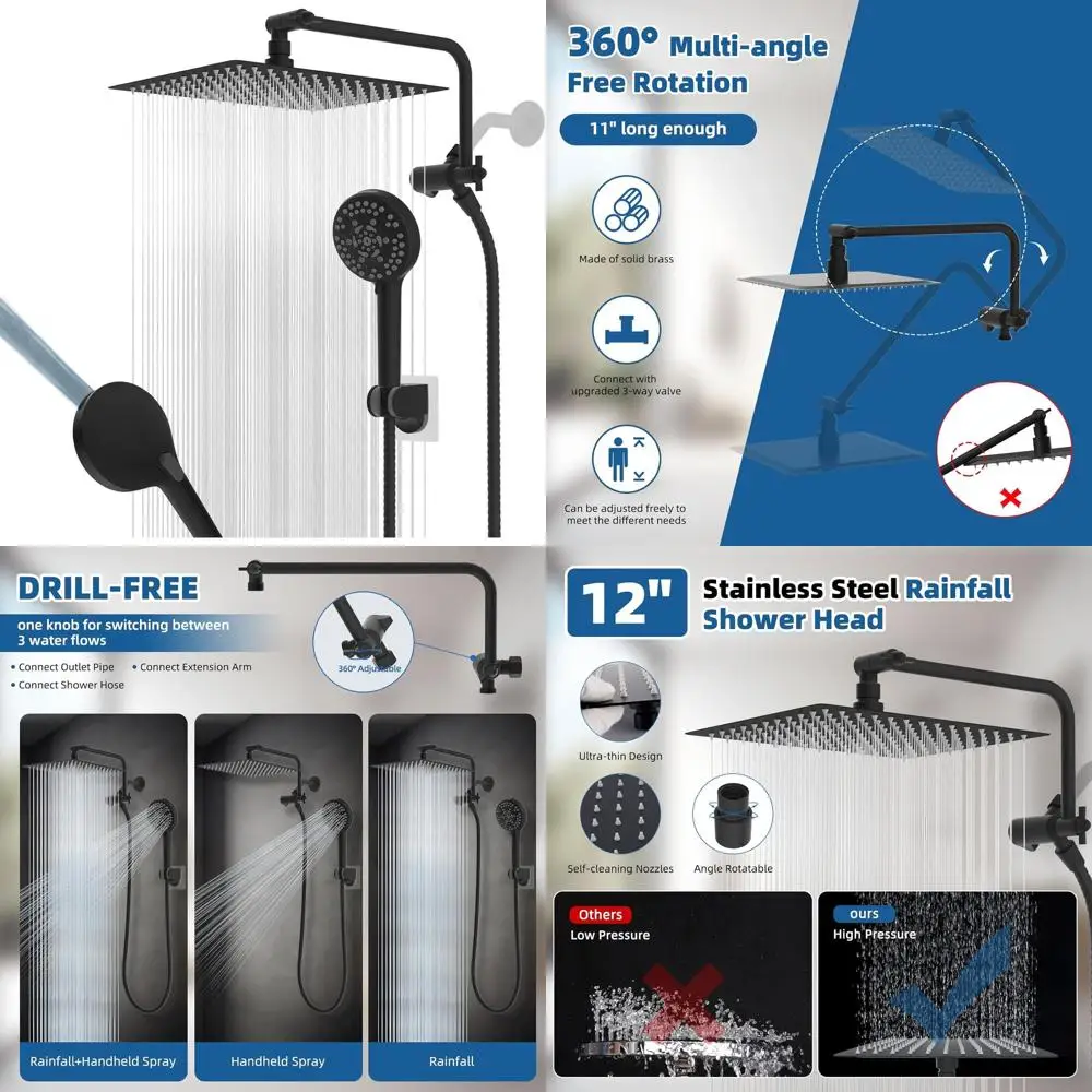 

12 Premium Metal Rainfall Shower Head with 11 Extendable Arm, 71 Hose, Matte Black