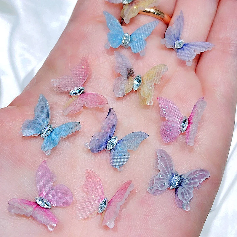 

5PCS 3D Organza Butterfly Nail Art Charms Gauze Rhinestones Accessories For Manicure Decor Beauty Nails Decorations Supplies