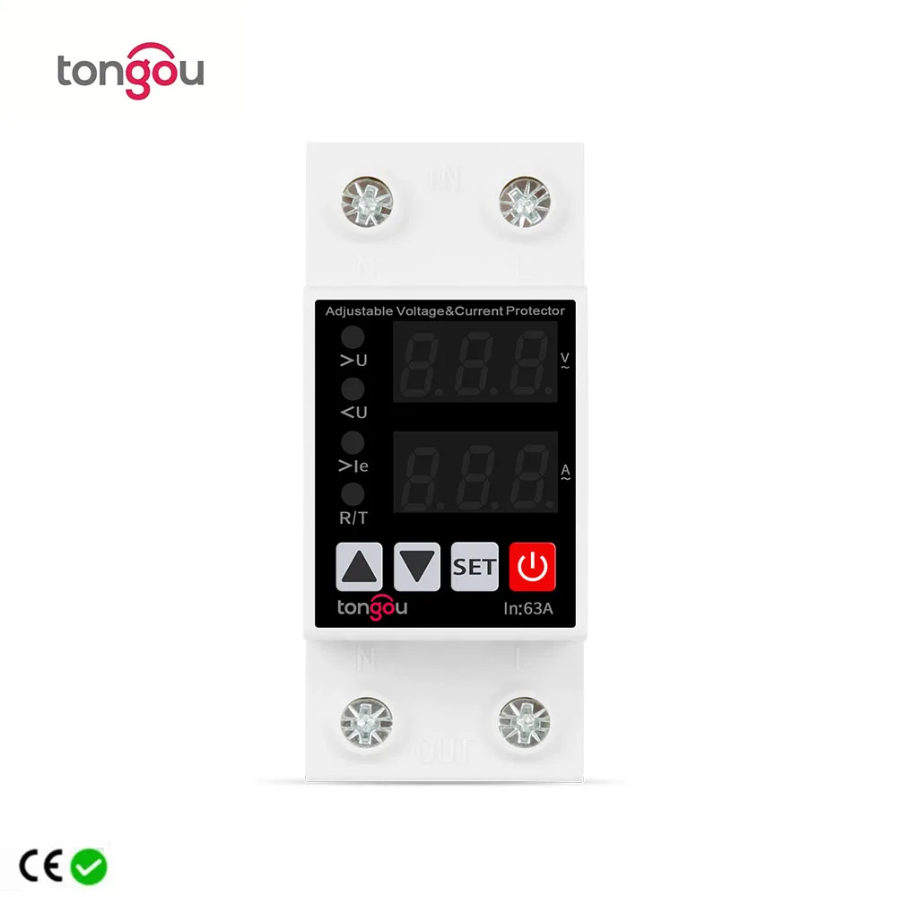 Din Rail Dual Display Adjustable Over Voltage Current and Under Voltage Protective Device Protector Relay 63A 230V