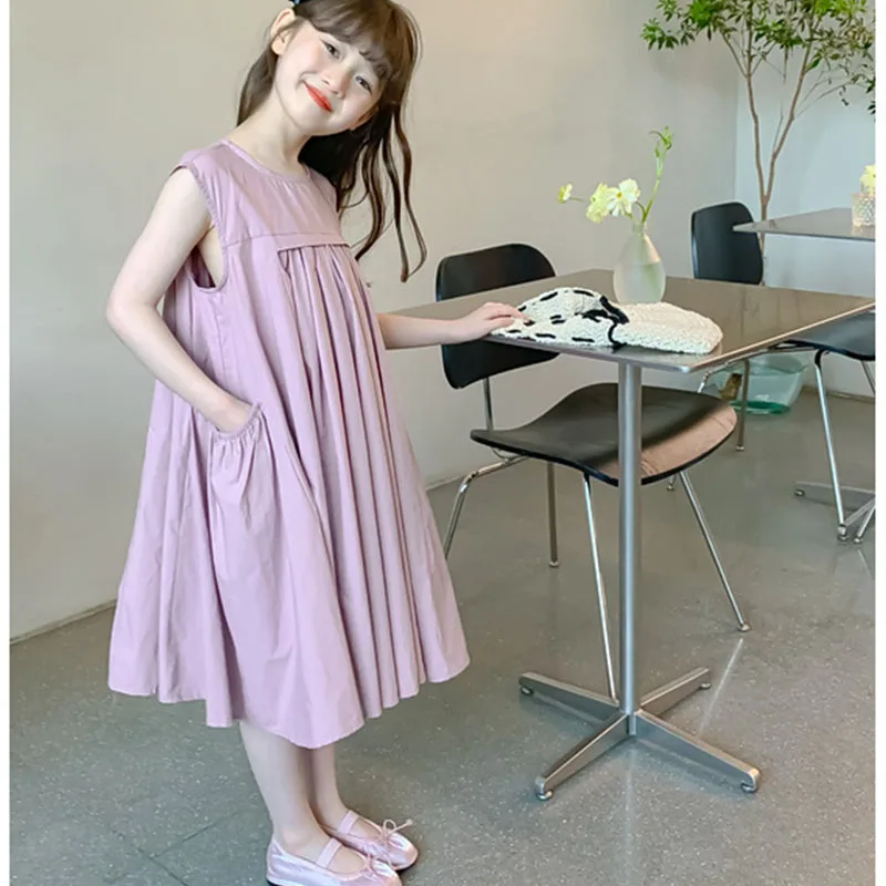 Summer Dresses For Teens Girl Sleeveless New 2025 Clothes With Pockets Big Girls Casual Dress School Sun Dress Blue Black Brown