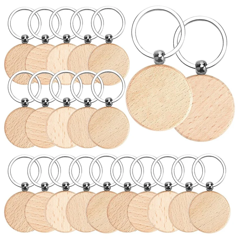 

70PCS Wood Keychain Blanks, Unfinished Round Wood Key Tag, Wood Engraving Blanks Key Chain for DIY Crafts-Round