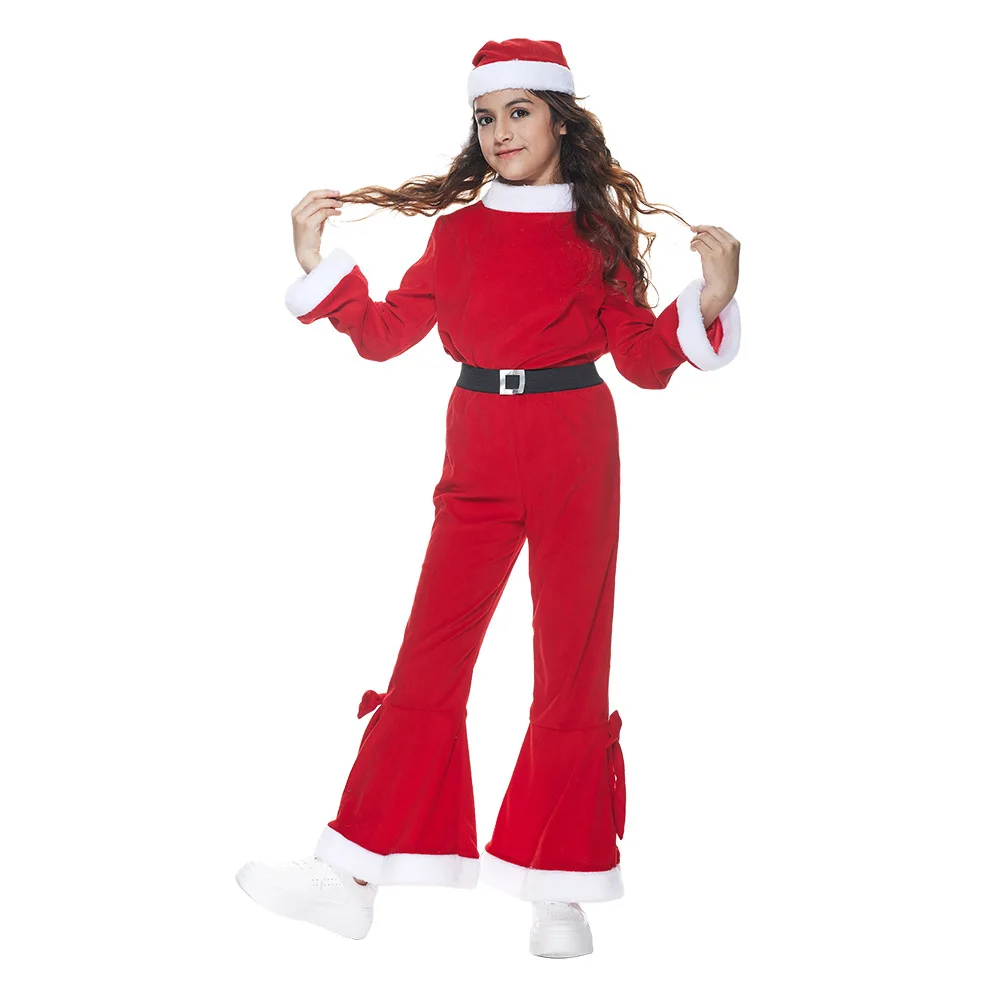 

Kids Christmas Santa Claus Vintage Cosplay Costume Girl Red Long Sleeve Top Pants Hat Full Suit Children Party Halloween Costume