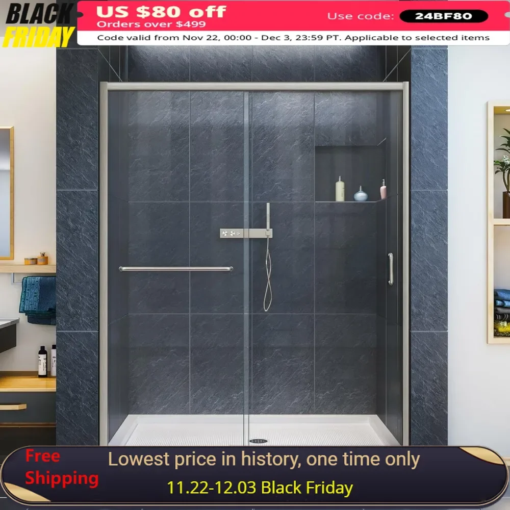 

Sliding Shower Door, 56- 60 “x 72”, Brushed Nickel, 6mm Clear Glass, Hardware,Reversible Installation,Semi-Frameless Shower Door