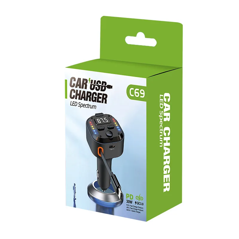 

C69 Dual Type C FM Trabsmitter Bluetooth 5.3 Handsfree PD3.0W QC3.0 Quick Phone Charger with RGB Light Retractable Cable