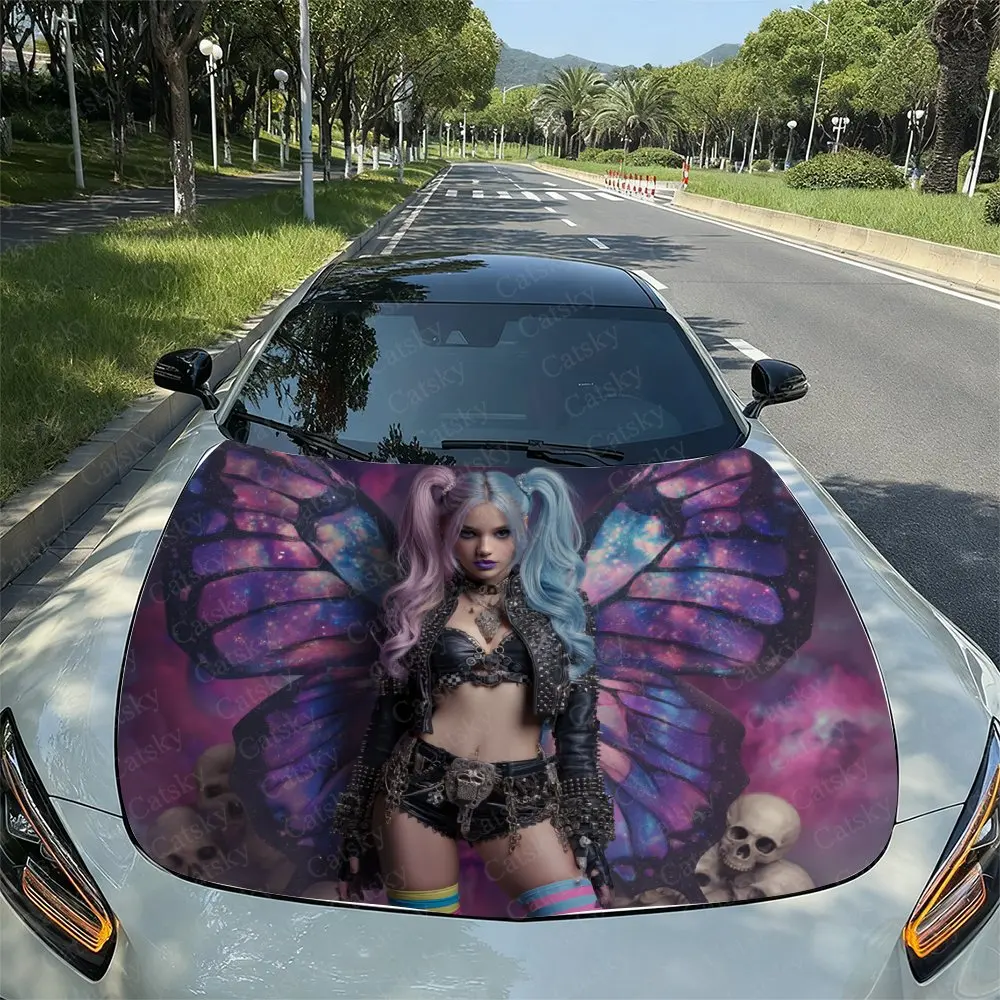 Punk Butterfly Wings Girl Car Hood Film, Hood Decoration Sticker, Truck Hood Film, Domineering Appearance, Advanced Adhesive, Du
