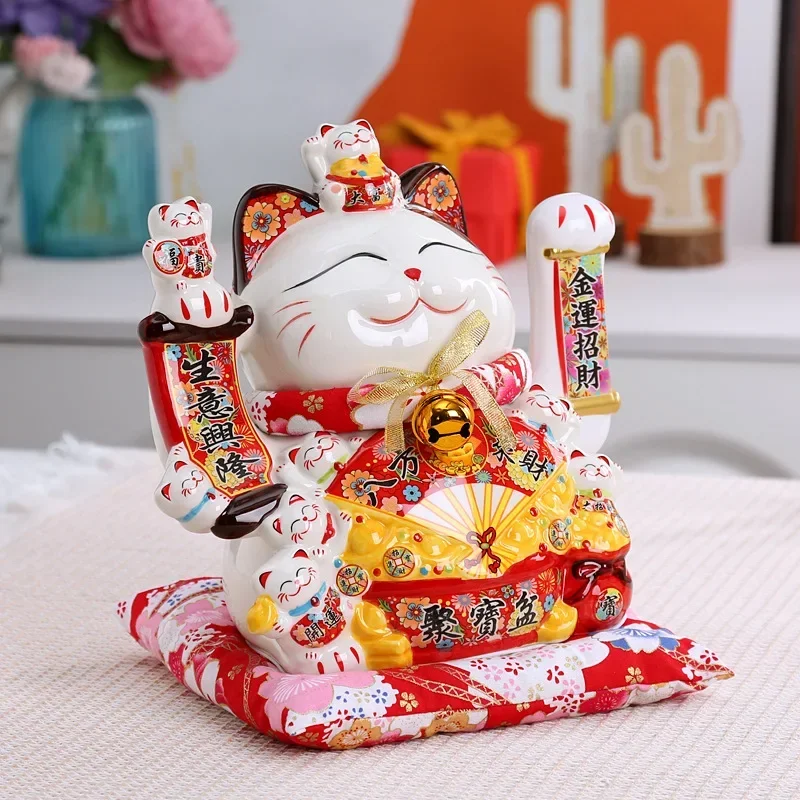 14 Inch Lucky Cat Decoration Creative Ceramics Automatic Beckoning Cartoon Cat Ornaments Large Decoration Shop Opening Gift