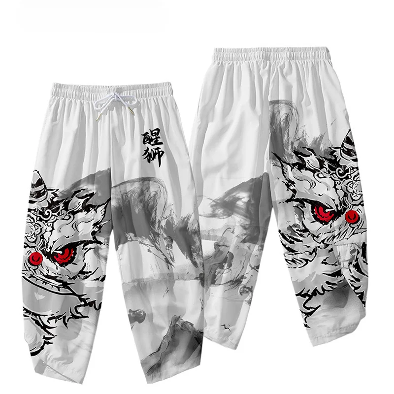 Japanese Thin Pants Women Men White Harem Pants Loose Elastic Waist Chinese Style Lion Dance Print Cosplay Trousers