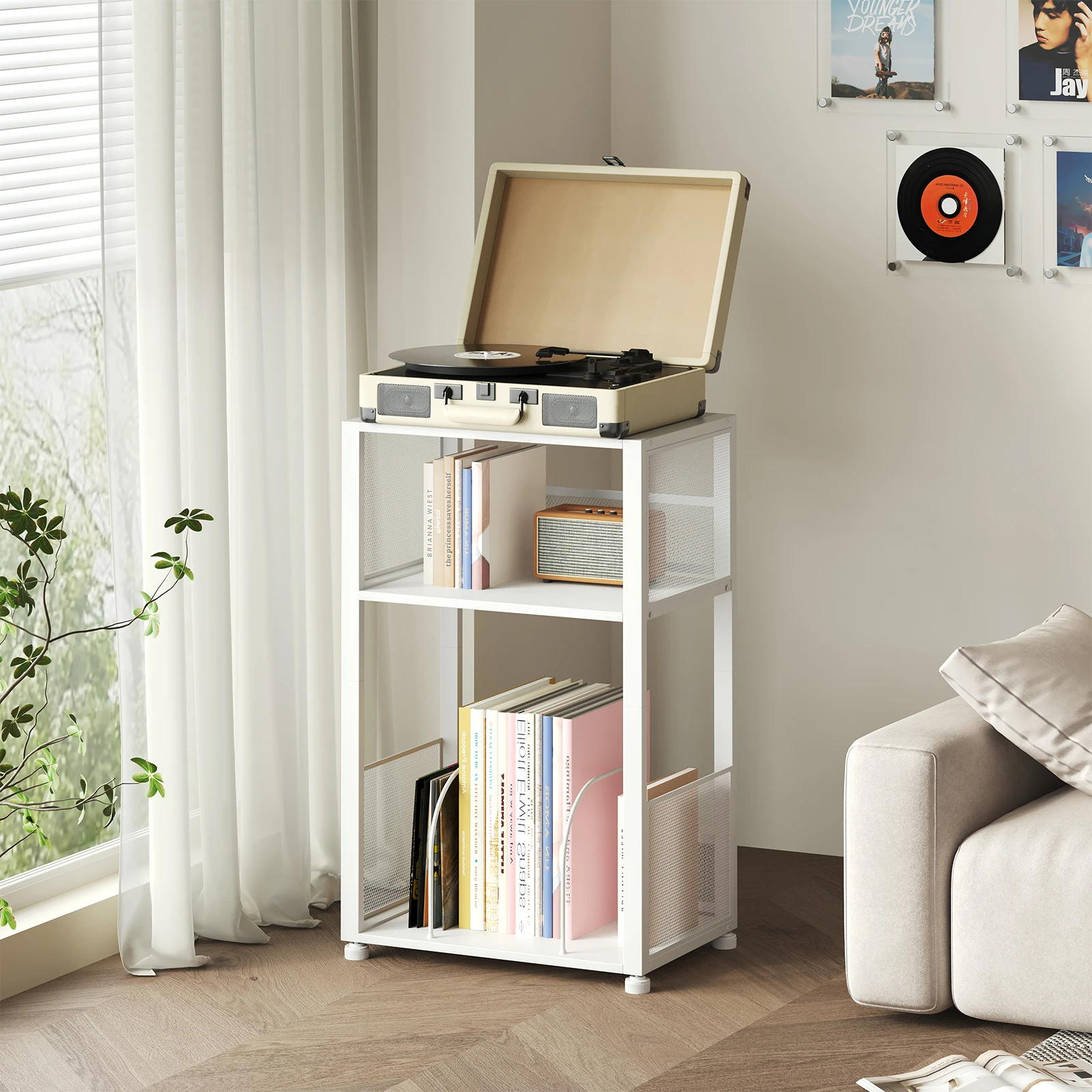 JHK 3-Tier Metal AV Media Stand CD Rack 1 Pack Record Player Stand with Storage Up to 100 Albums Records Shelf for Living Room