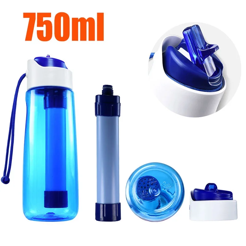 750ml Outdoor Water Filter Drinking System Bottle Survival Camping Water Filtration Bottle Purifier for Camping Hiking Traveling