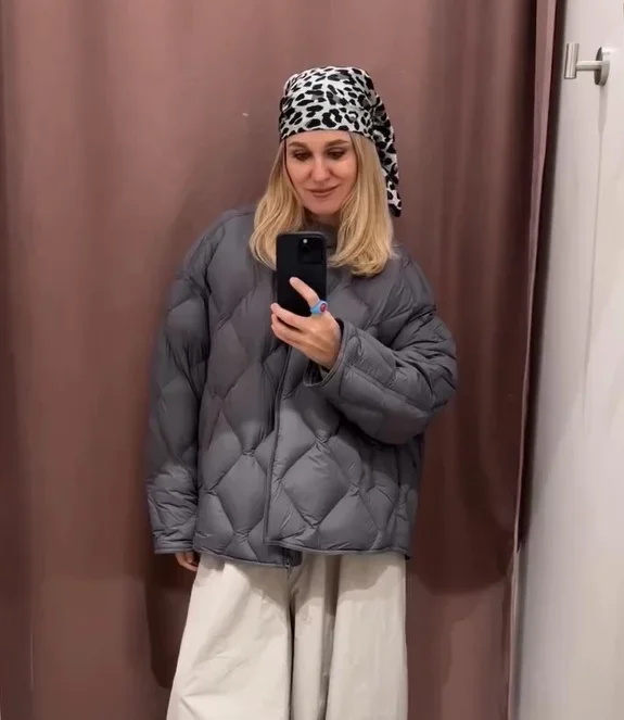 Solid Lightweight Quilted Warm Puffer Jacket Women Chic Crew Neck Zip Up Loose Cotton Padded Coat Winter Lady Daily Outfit 2026