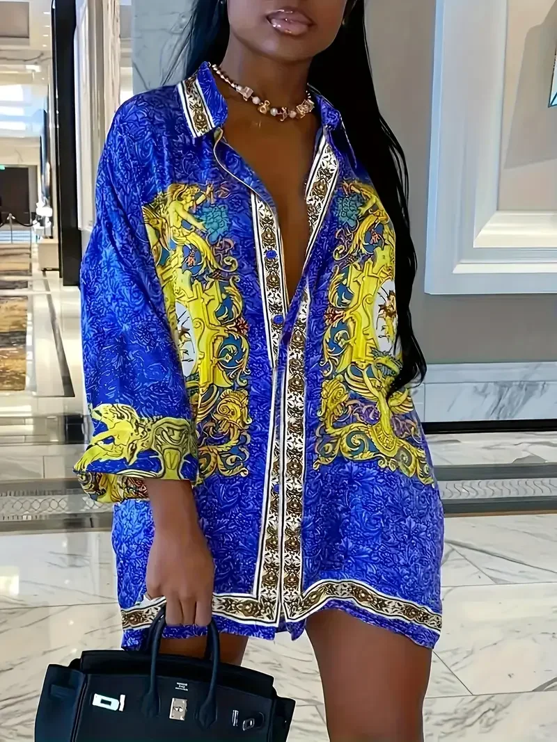 

Плюс размер 1XL-5XL, женская модная повседневная рубашка с длинными рукавами, женская модная блузка с воротником в стиле барокко с принтом