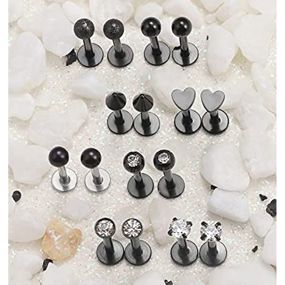 1-16pcs 16G Stainless Steel Lip Rings Studs Medusa Labret Monroe Tragus Helix Cartilage Forward Earrings Piercing Jewelry Black