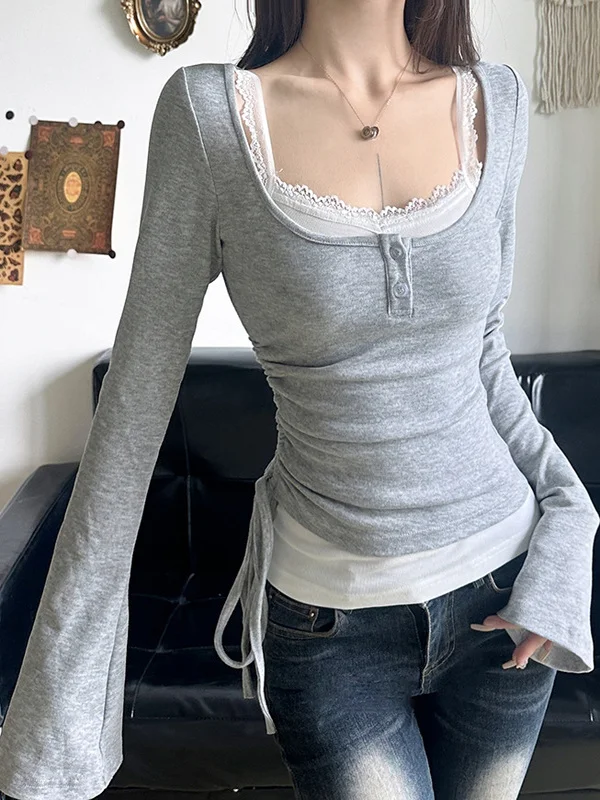 เสื้อยืดทรงสี่เหลี่ยมผืนผ้าสำหรับผู้หญิง สายเดี่ยวรัดเอว สไตล์สาวฮอต แฟชั่นชาติพันธุ์จีน คอลเลคชั่นฤดูใบไม้ร่วง 2025