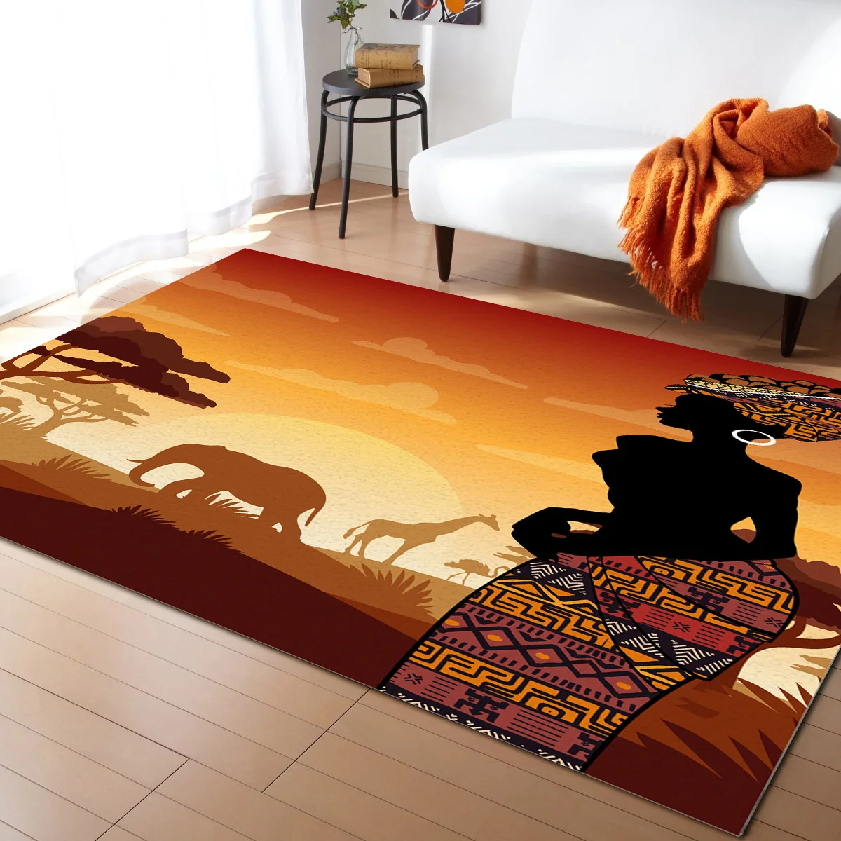 

African American Women Ethnic Wind Elephant Forest Living Room Floor Mat Children's Room Bedroom Bedside Carpet Kitchen Door Mat