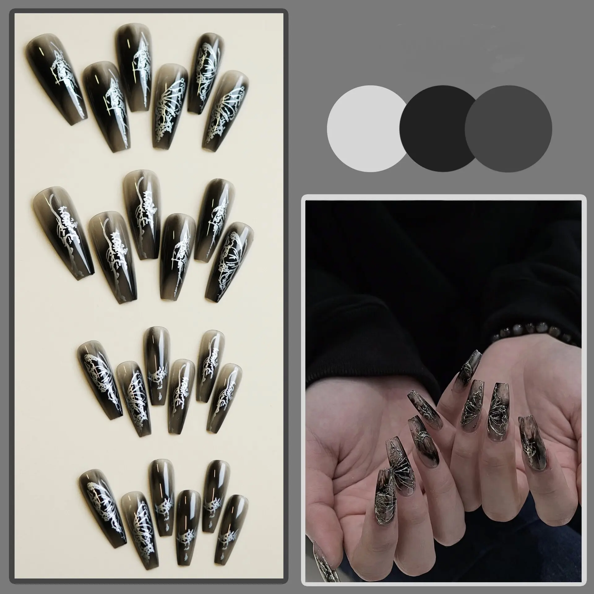 24pcs Black Handmade Wear Nails Diamonds Stars Crystal Fake Nails Gradient Color Butterfly Nail Patch Girl Gift