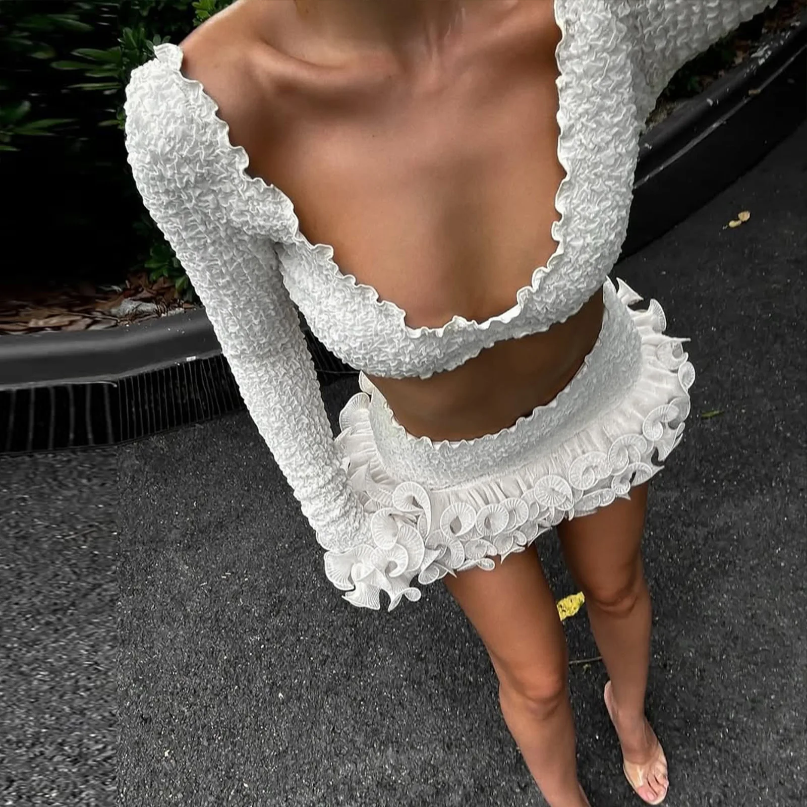 Sexy Low Chest Ruffles Women Skirt Suit White Long Sleeve T-shirt Mini Skirt Summer Slim Elegant Two Piece Sets 2025