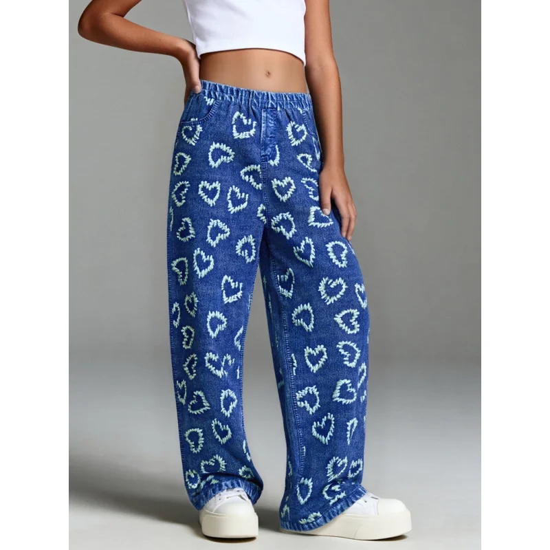 

2025 Girls Trendy Heart Print Regular Fit Long Pants Imitation Denim Style Kids Fashion Casual Imitation Denim