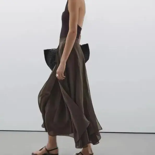 Nova Saia Midi de Verão 2025 em Linho  com Design Assimétrico, Estilo Casual para o Dia a Dia, Cintura Alta e Cor Pura