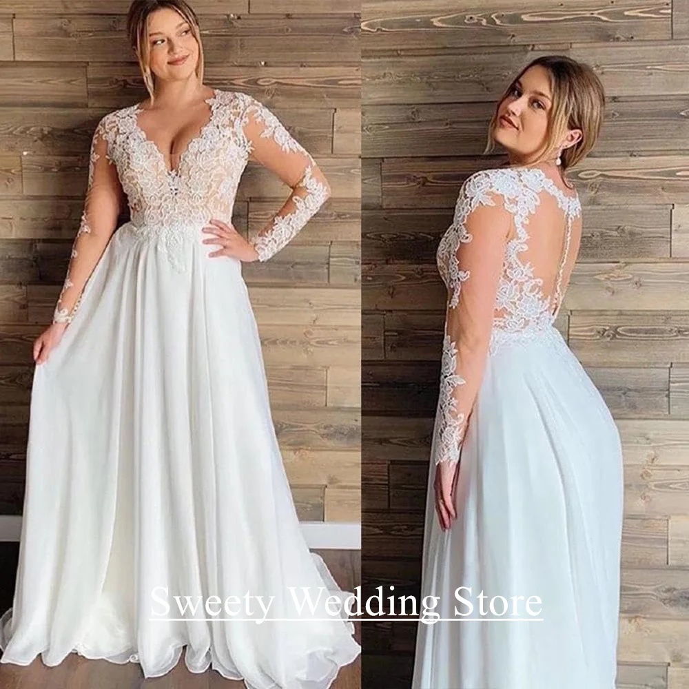 

Illusion Plus Size Wedding Dress Customized Long Sleeves V Neck Back Zipper Buttons Chiffon Bridal Gown Robe De Mariee