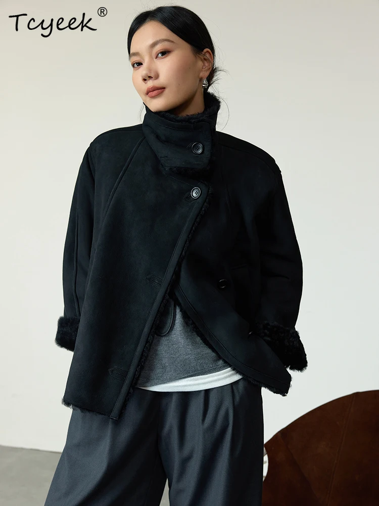 Tcyeek 本物のウール 秋冬 ハイエンド トレンド 韓国風 スタンドカラー ブラック レディース ウール シアリング ファーコート ファー婦人服