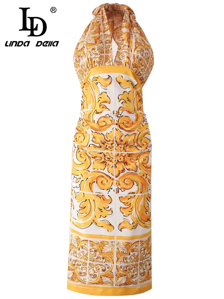 LD LINDA DELLA Summer 2024 luxury Designer Dresses for women Bohemian Print Hang One\'s Neck Lace Up Sexy Backless Dresses