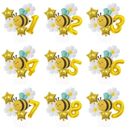 6 Pcs Bee Daisy 32 Inch Number Foil Balloon Set Kids 0-9 Years Old Birthday Anniversary Graduation Mother's Day Party Decoration