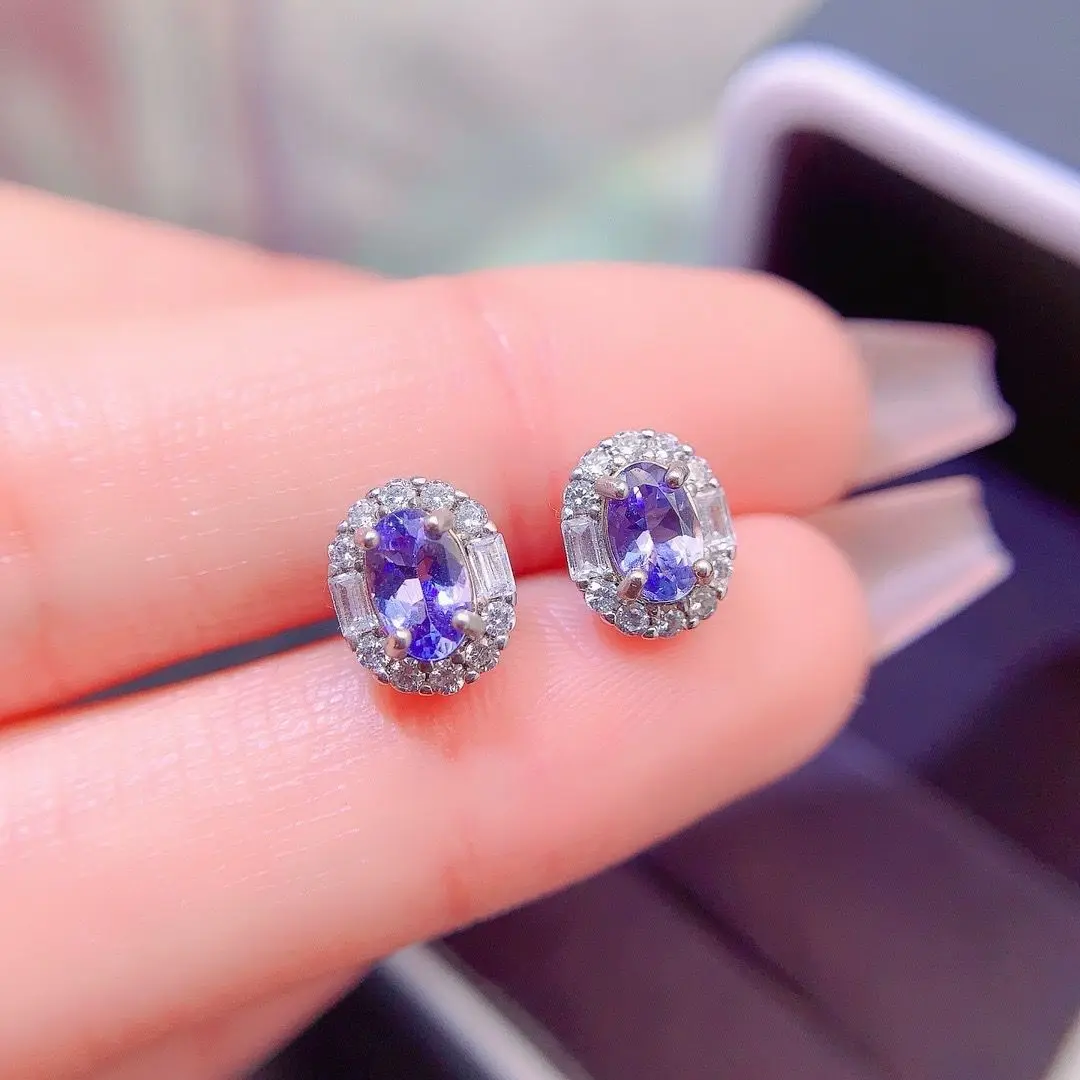 ZECAA Tanzanite Fine Jewelry Woman Tanzanite Stud Earrings With Natural Tanzanite Gemstone 3*6mm Silver Stud Earrings Jewelry