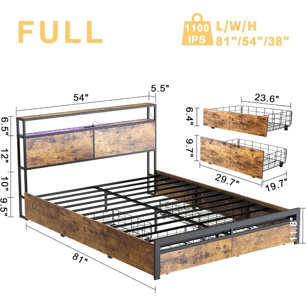 Full Bed Frame with Storage Headboard and 4 Drawers LED Lights Metal Platform Non-Slip Without Noise Mattress Foundation