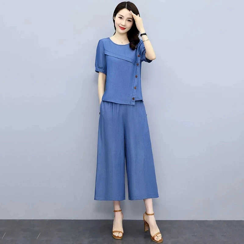 

2023 New Summer Women Denim Two-Piece Suit Fashion Tops+ Elastic Waist Wide-Leg Pants Jeans Suit Ladies Casual Loose 2 Piece Set