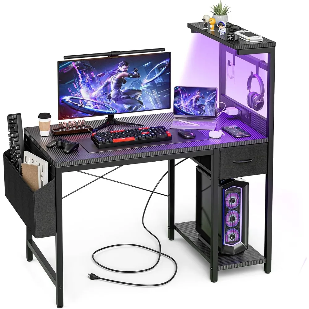 Gaming Desk 47 Inch with Power Outlet and LED Light, Computer Desk with Reversible Shelves and Storage Drawer