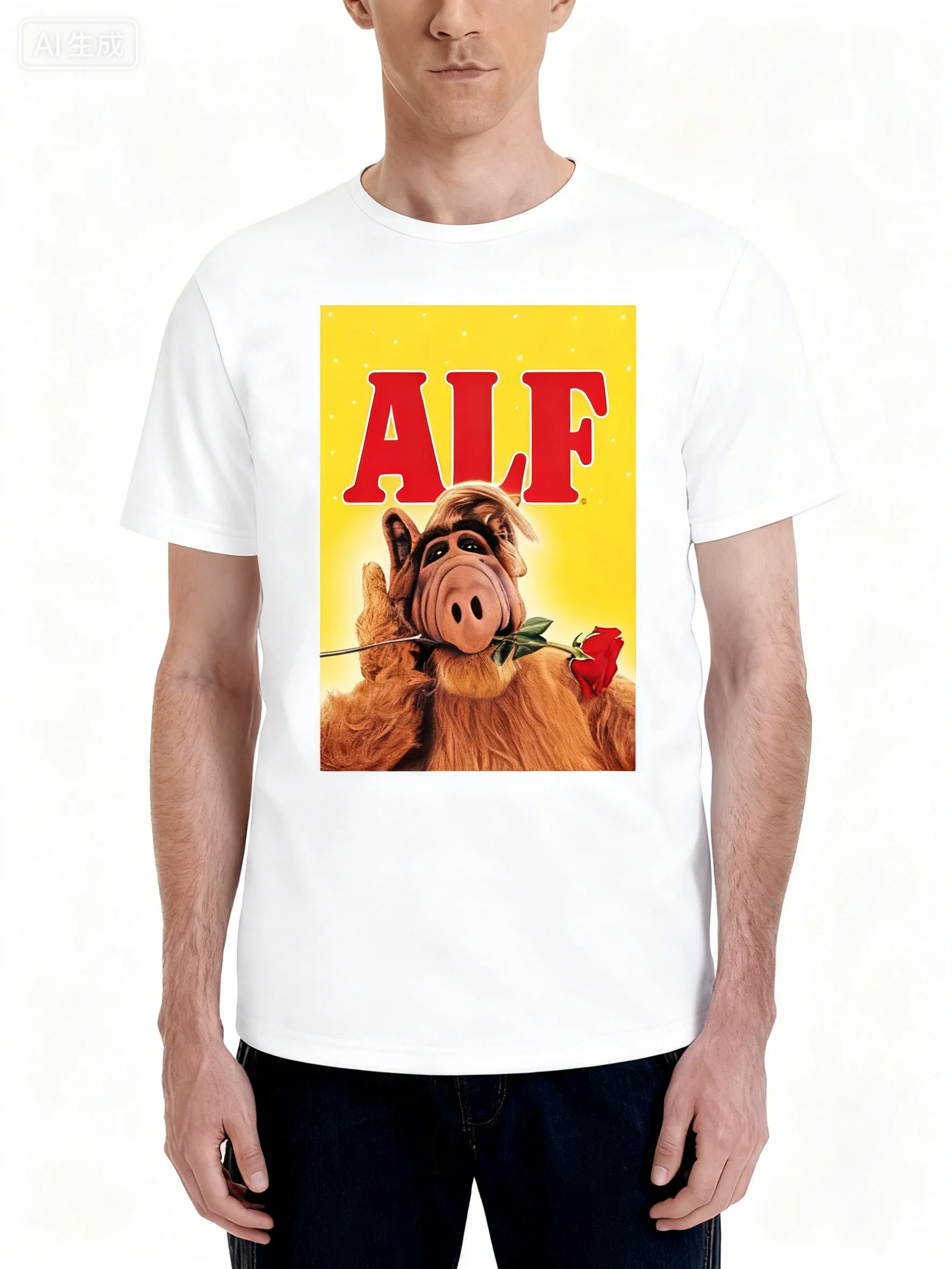 تي شيرت رجالي برسومات ALF الكلاسيكية - تصميم Gordon Shumway Mugshot، برنامج تلفزيوني في الثمانينيات، رقبة دائرية، مسامي ومريح،