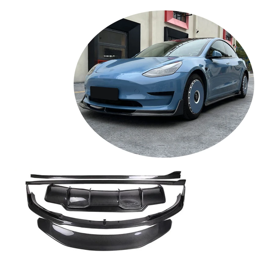 For Tesla Model 3 Full 2017-2019 Real Carbon Fiber Front Bumper Chin Lip Rear Diffusers Spoiler Side Skirts Body Kit