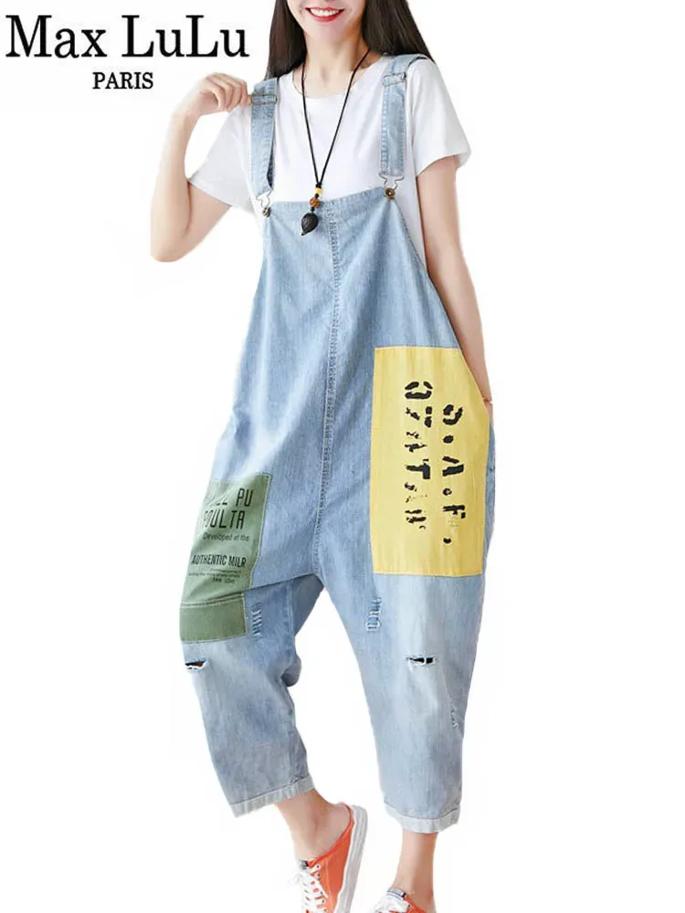 Max LuLu 2024 Fall Fashion Jeans Korean Womens Luxury Loose Printed Holes Overalls Casual Vintage Denim Trousers Classic Pants