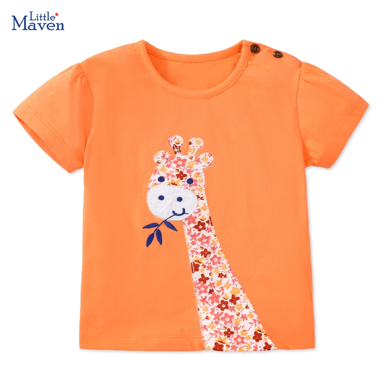 Little maven Kids Summer T-shirts Girls Short Sleeve Animal Giraffe Knitting Breathable Tees Children Casual Cotton Clothes Tops