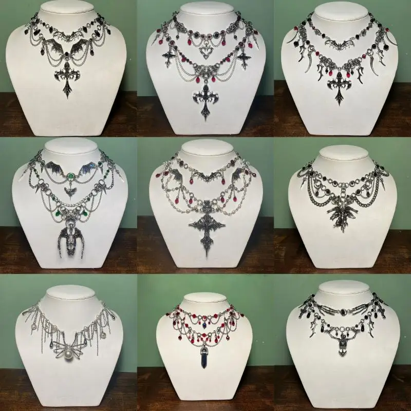 1 قطعة قلادة الهالوين القوطي للنساء الخفافيش الصليب القلب الأحمر كريستال قلادة سلسلة الترقوة هالوين مجوهرات الحفلات هدية