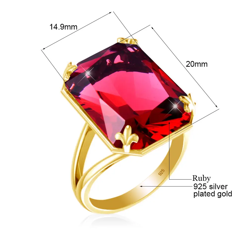 High Quality 925 Sterling Silver Ruby Ring For Woman Gold Plated Rectangle Banquet Party Gift Luxury Trend Jewelry